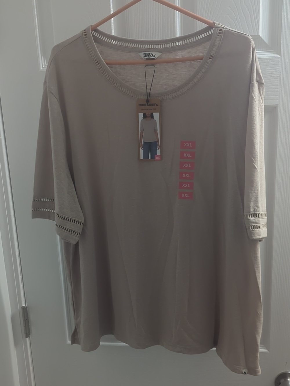 Eddie Bauer Taupe Crewneck Short Sleeve Top with Eyelet Trim